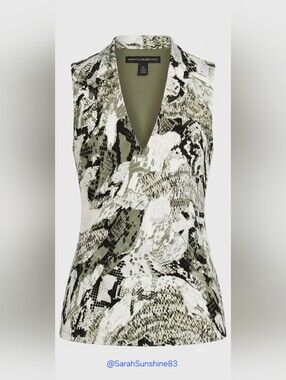 White House Black Market Olive & White Printed V-Neck Dress